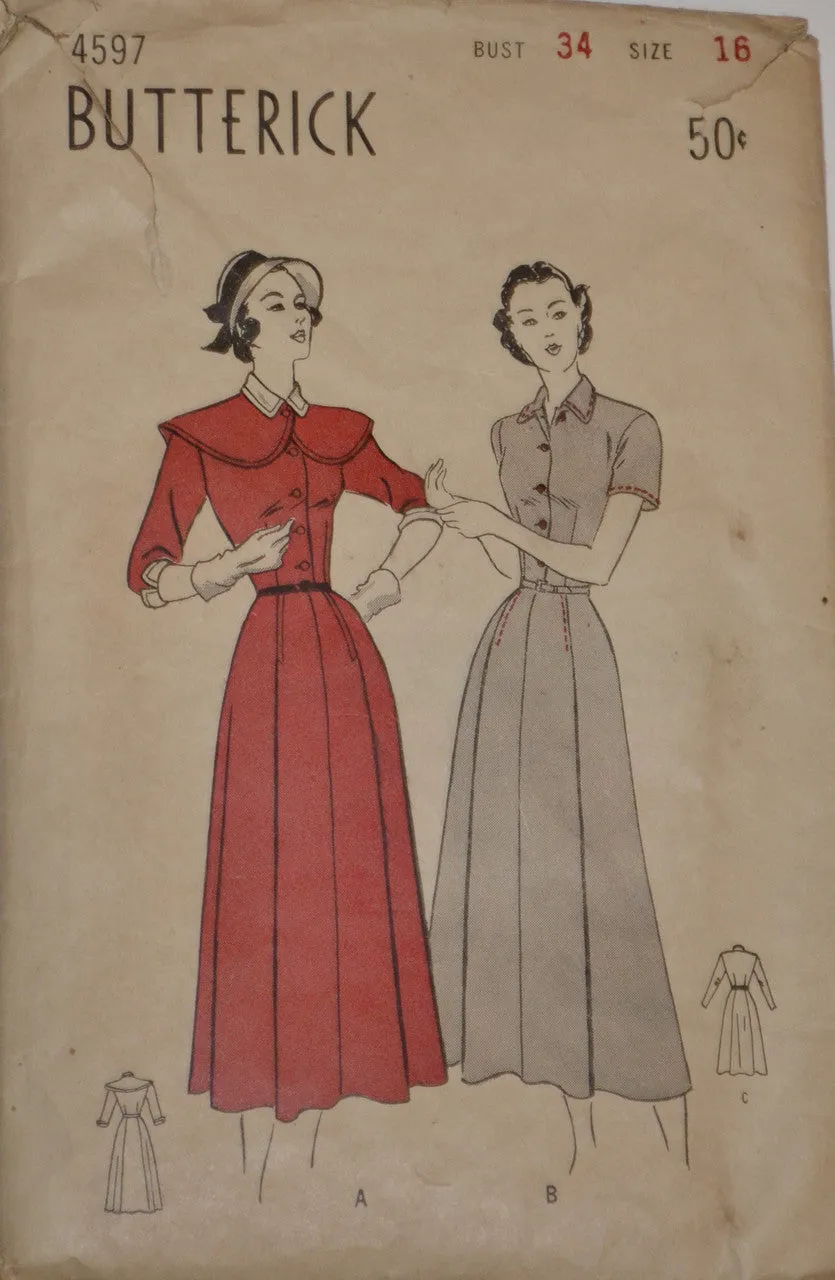 1940s Butterick 4597 Vintage Pattern Womens Dress 34" Bust