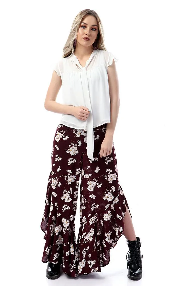 57124 Simple Cape Sleeves Lace Up Neck White Blouse