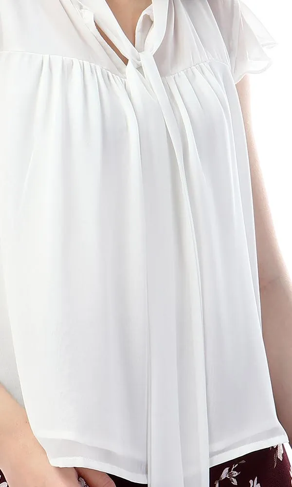 57124 Simple Cape Sleeves Lace Up Neck White Blouse