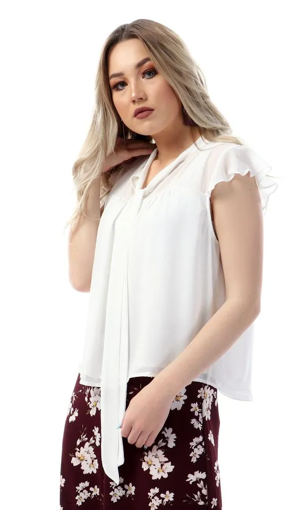 57124 Simple Cape Sleeves Lace Up Neck White Blouse
