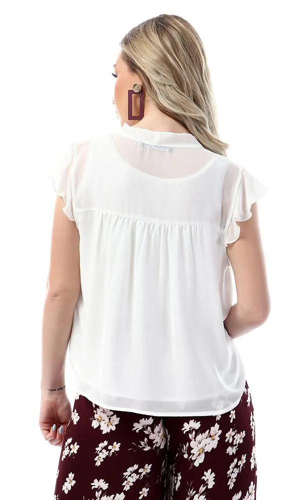 57124 Simple Cape Sleeves Lace Up Neck White Blouse