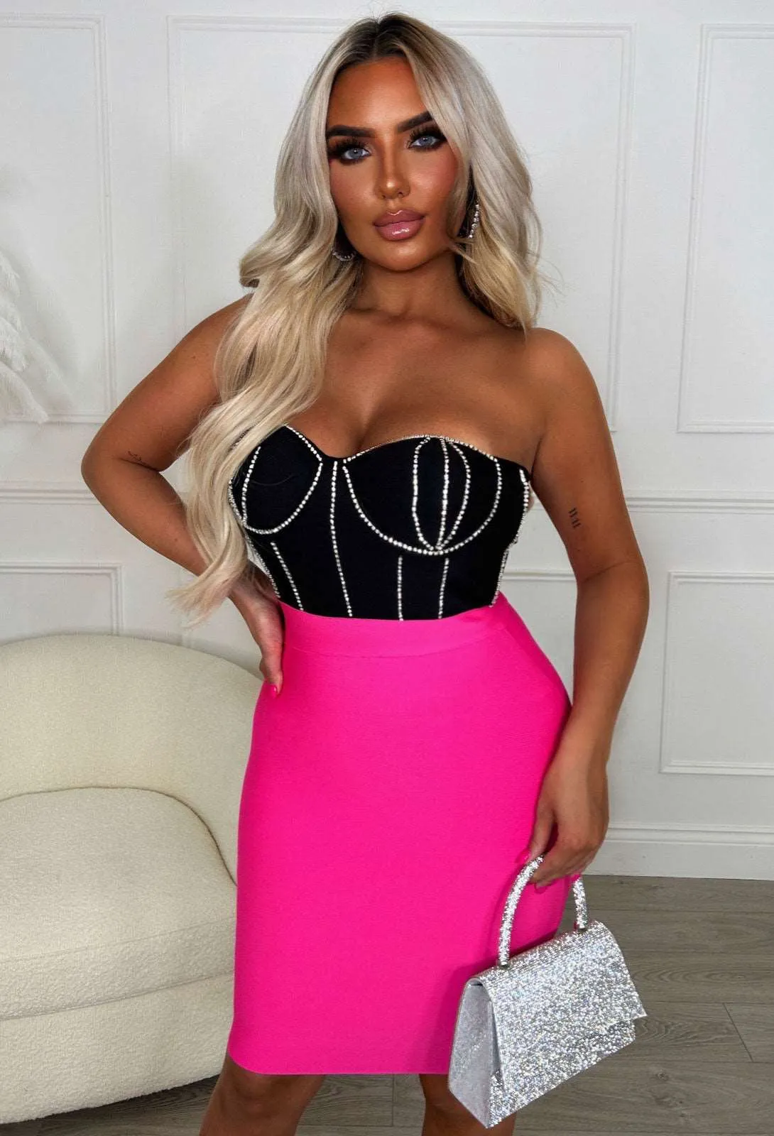 Always A Flirt Hot Pink Premium Diamante Detail Stretch Bandage Dress