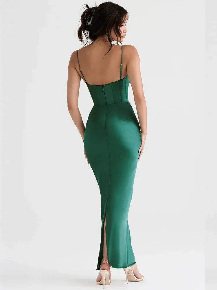 Amozae-hoco dresses Green Maxi Bodycon Dress Sexy Celebrity Event Prom Night Party Dresses Satin V Neck Spaghetti Strap Women Dresses 2024 Summer