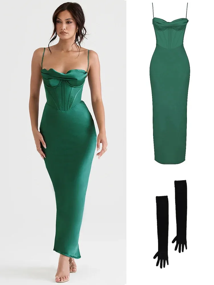 Amozae-hoco dresses Green Maxi Bodycon Dress Sexy Celebrity Event Prom Night Party Dresses Satin V Neck Spaghetti Strap Women Dresses 2024 Summer