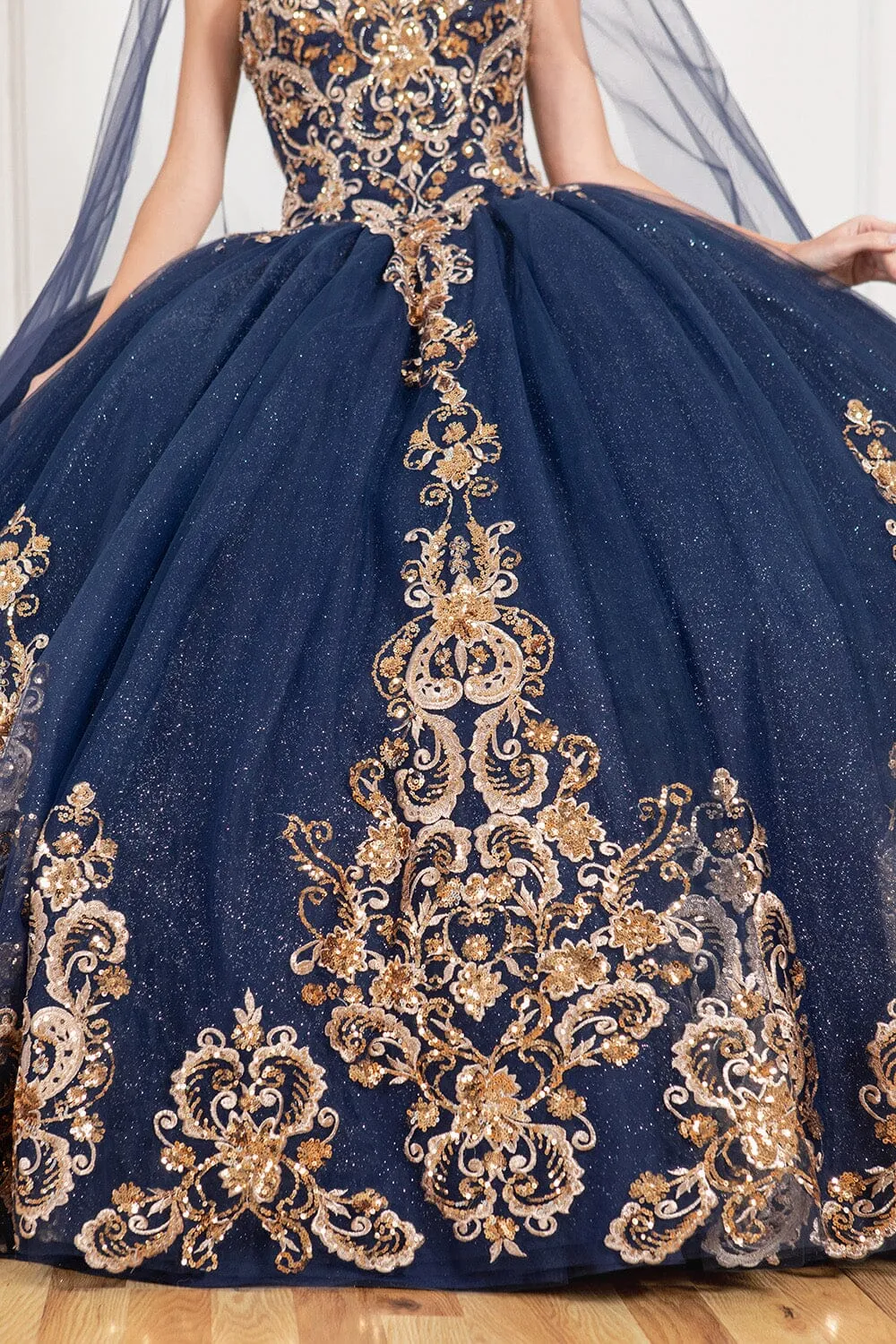 Applique Strapless Cape Ball Gown by Cinderella Couture 8063J