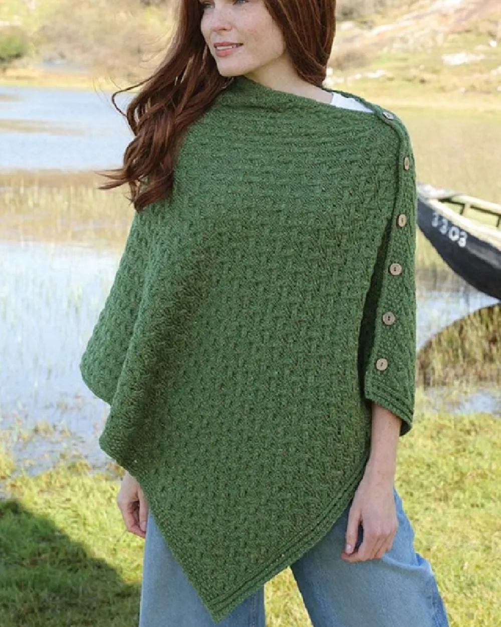 Aran Merino Wool Knit Button Poncho
