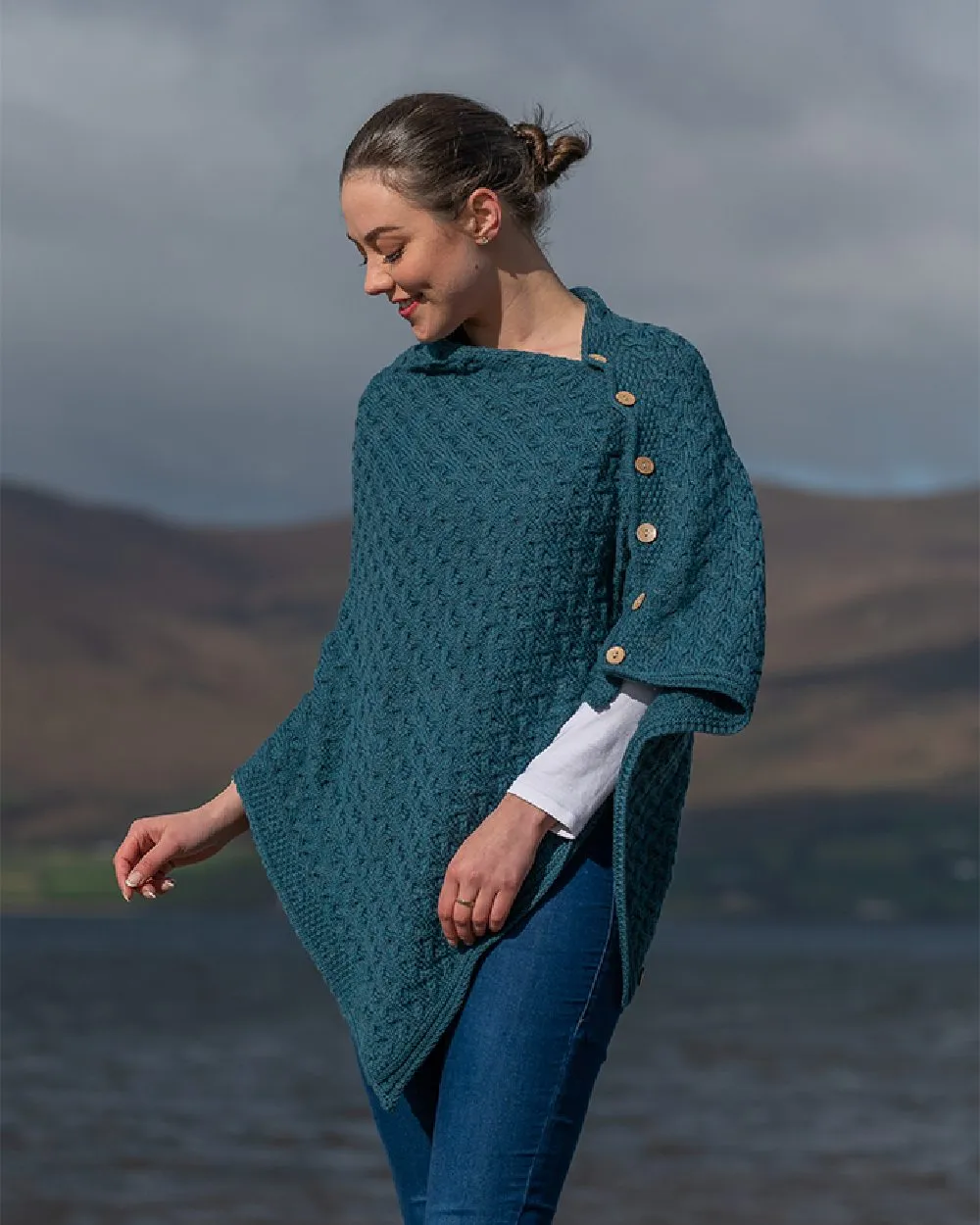 Aran Merino Wool Knit Button Poncho