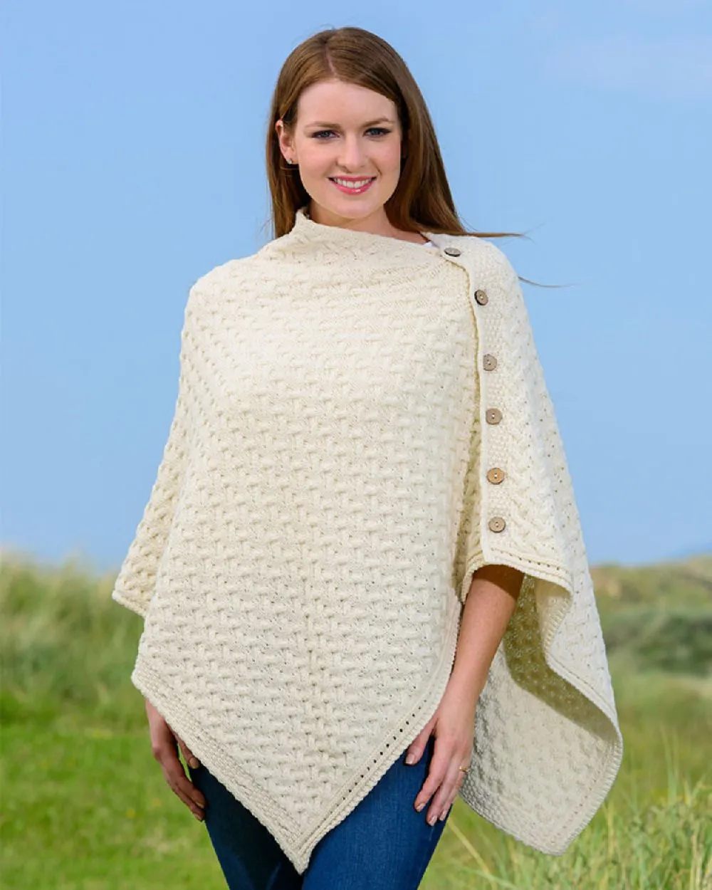 Aran Merino Wool Knit Button Poncho