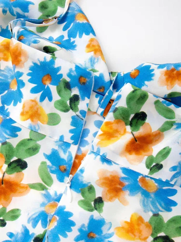 Backless Print Dresses For Women Square Collar Sleeveless High Waist Tunic Camisole Dress Female Fashion Clothes