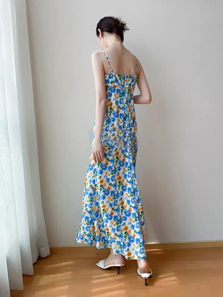 Backless Print Dresses For Women Square Collar Sleeveless High Waist Tunic Camisole Dress Female Fashion Clothes