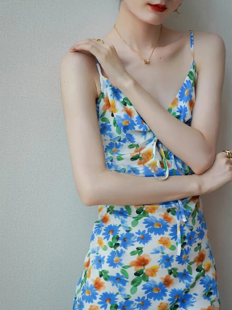 Backless Print Dresses For Women Square Collar Sleeveless High Waist Tunic Camisole Dress Female Fashion Clothes
