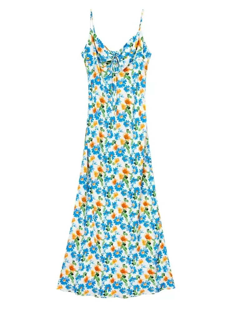 Backless Print Dresses For Women Square Collar Sleeveless High Waist Tunic Camisole Dress Female Fashion Clothes
