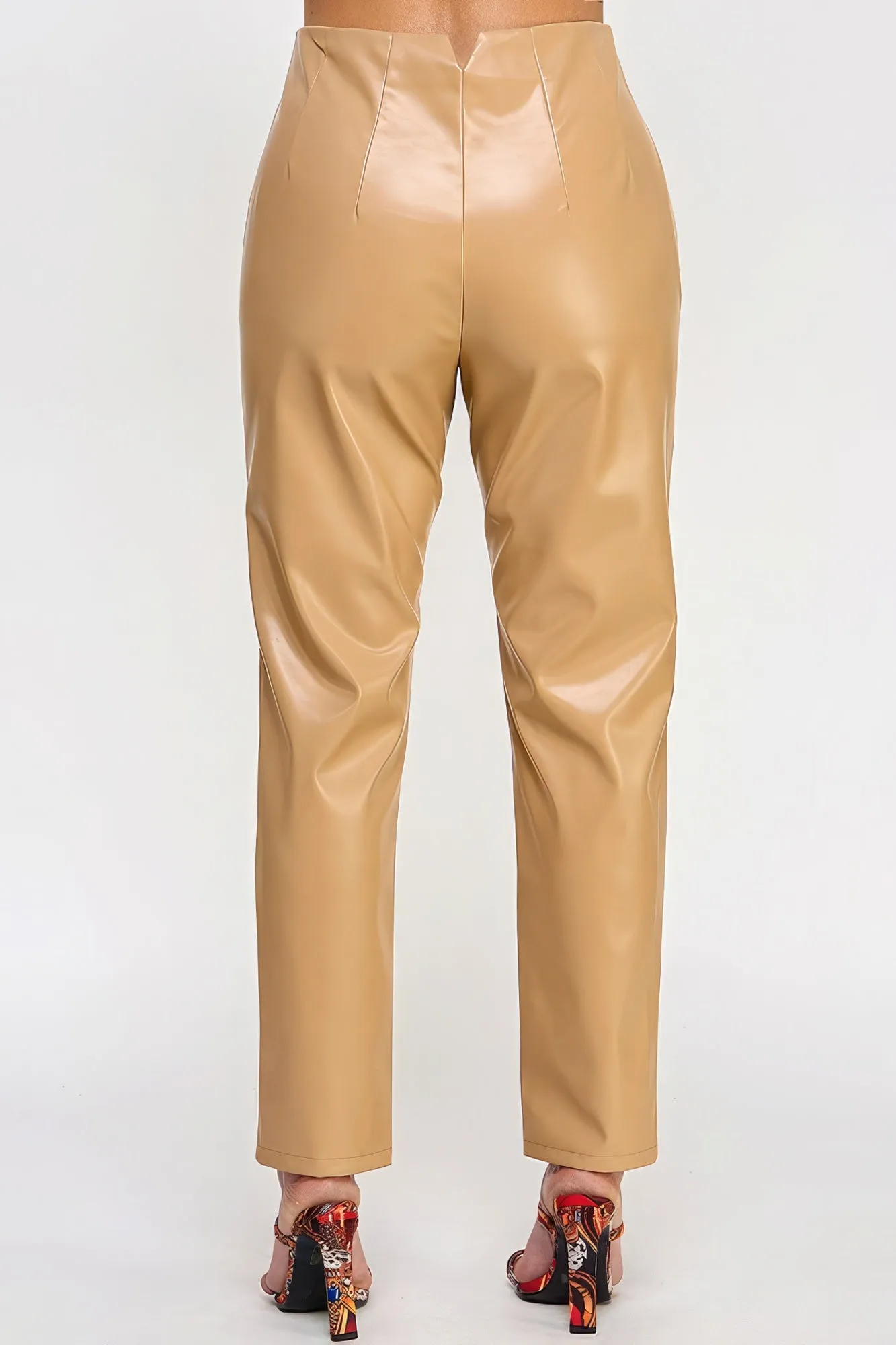 Beige Faux Leather Straight Pants