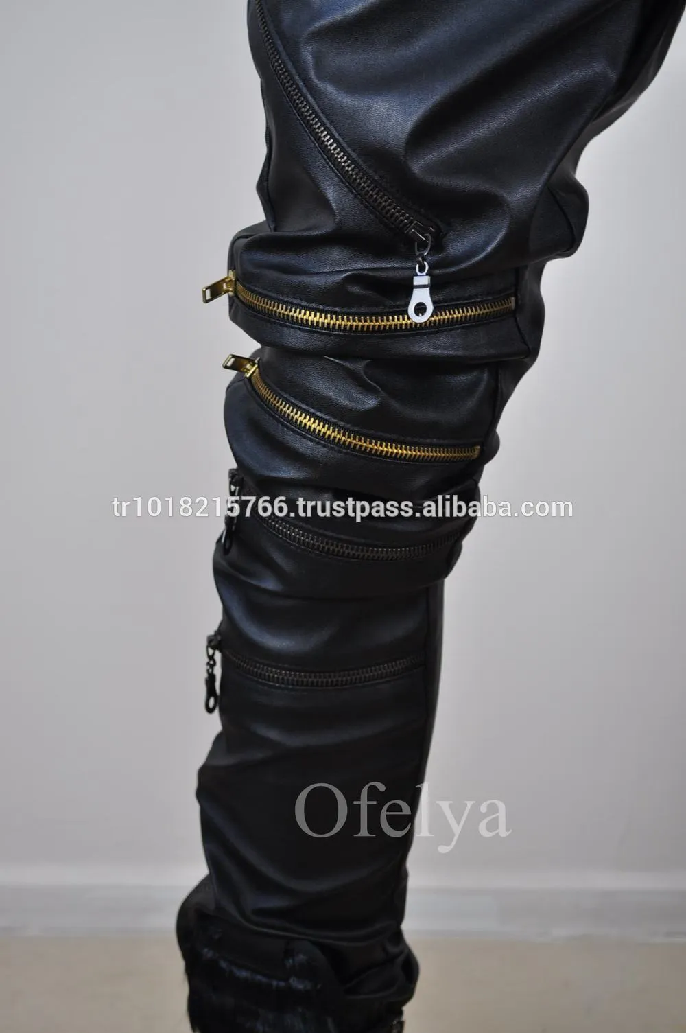 Biker Drop Crotch Side Pocket False Zippers Knee Side Leather Harem Pants