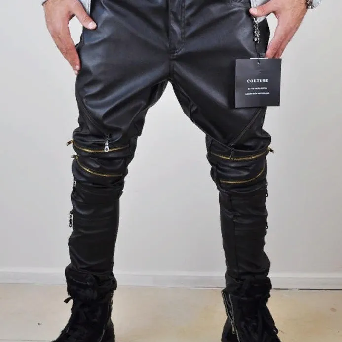 Biker Drop Crotch Side Pocket False Zippers Knee Side Leather Harem Pants