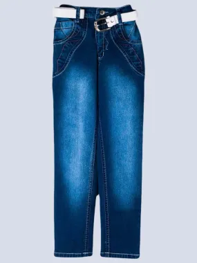 Boys' Dark Blue Denim Jeans with White Belt Detail
