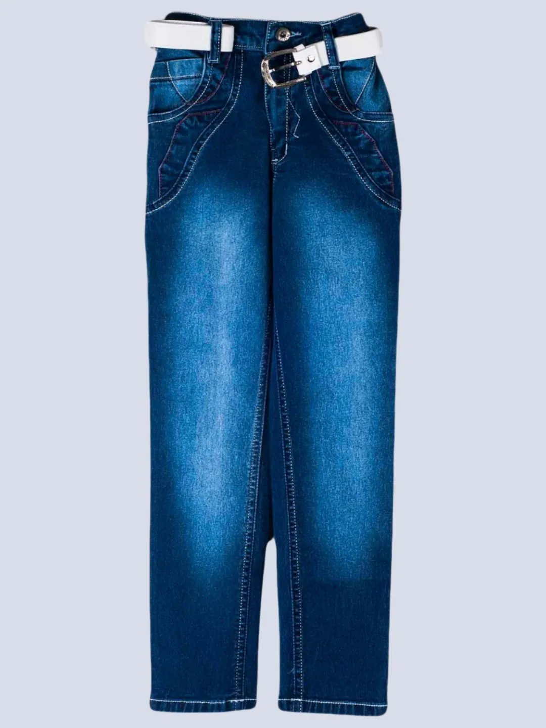 Boys' Dark Blue Denim Jeans with White Belt Detail