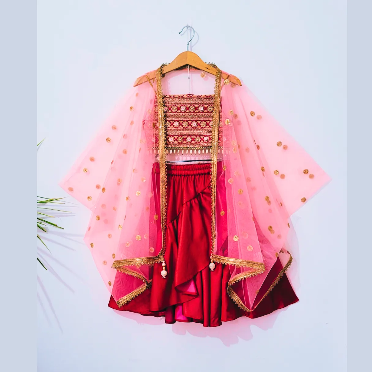 BYB PREMIUM double sided satin silk asymetric skirt with full embroidery top and cape dupatta