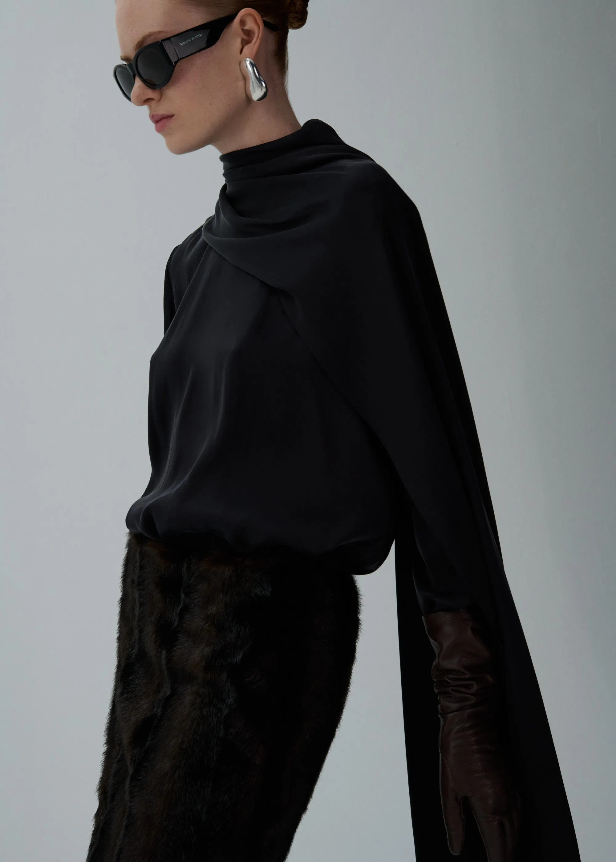 Cape-effect silk blouse in black
