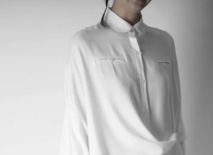 Crepe Tunic Dress Long Sleeve Loose Waist /Irregular Split Shirt