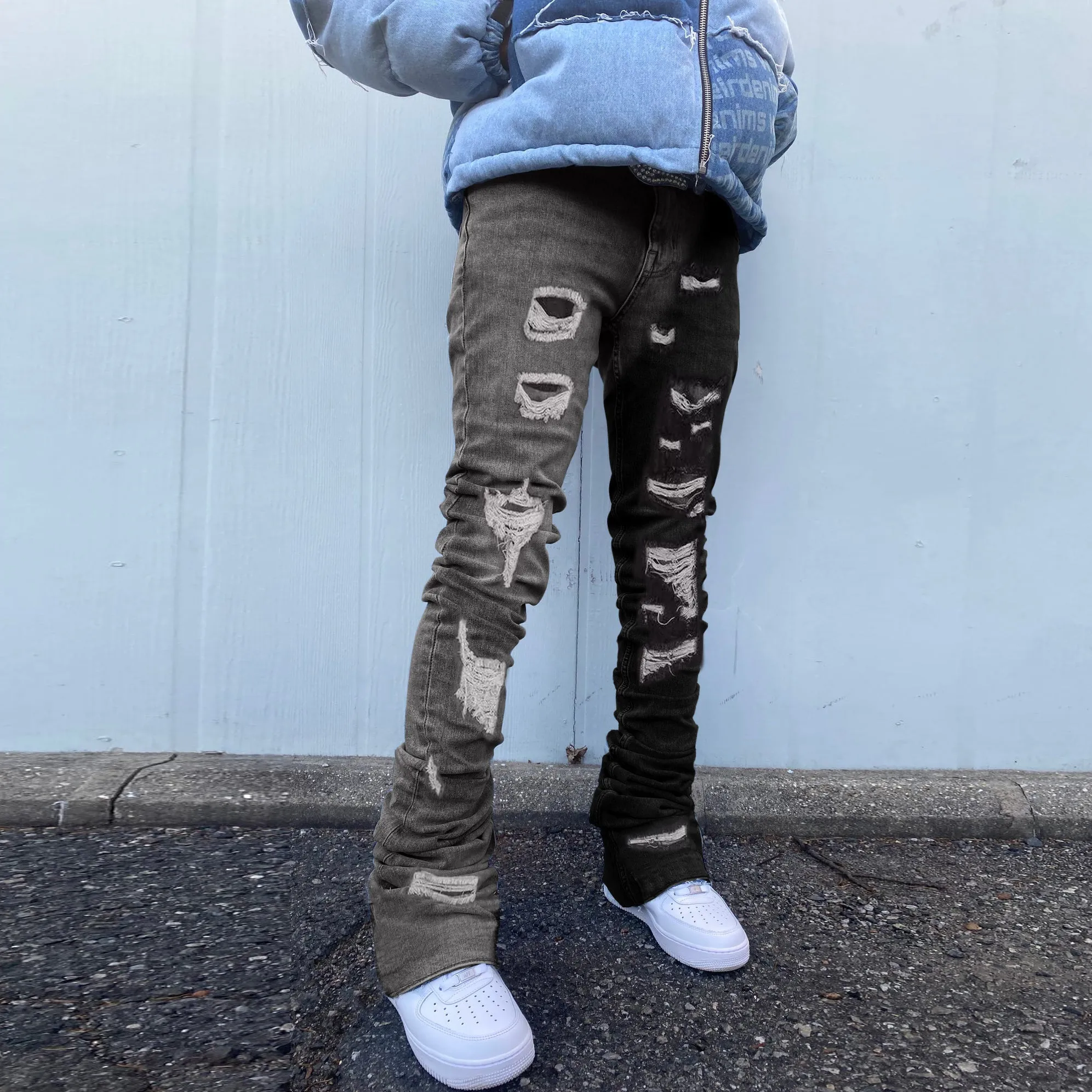 Cut Panel Jeans Distressed Washed Slight Wide Leg Pants