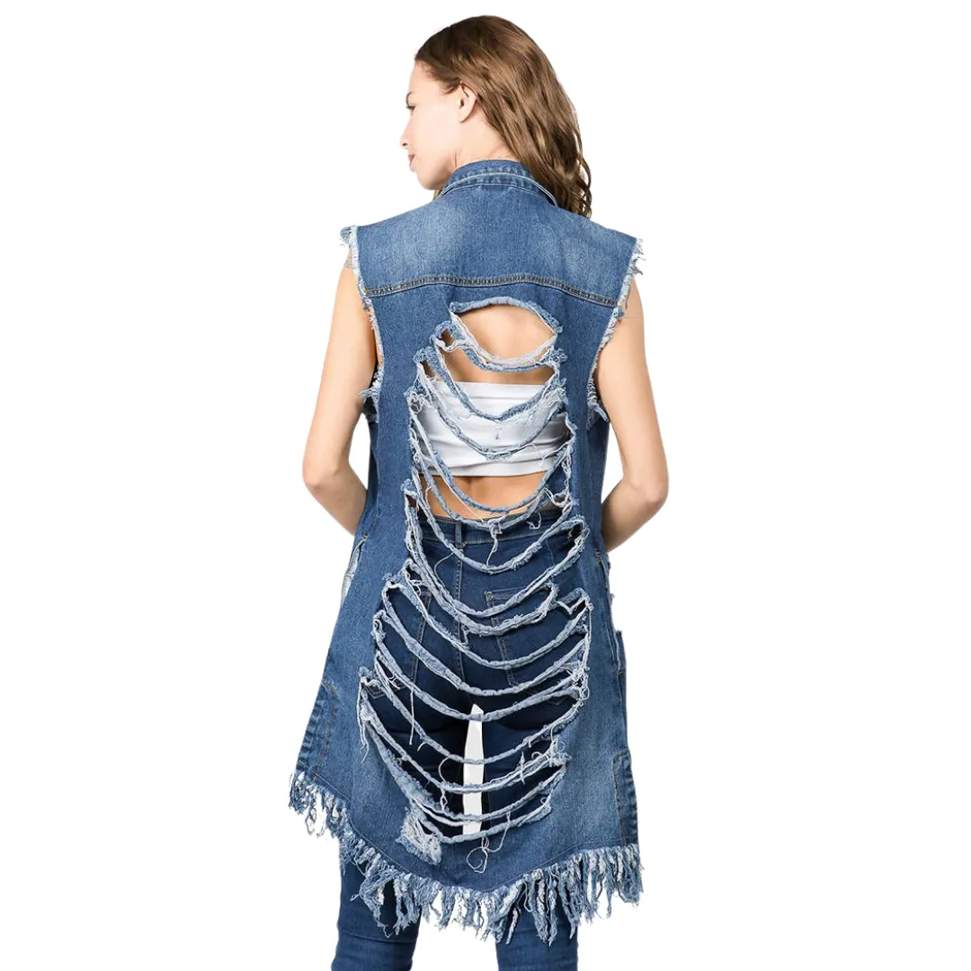 Distressed Denim Long Length Vest