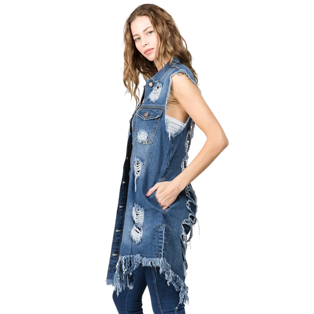 Distressed Denim Long Length Vest