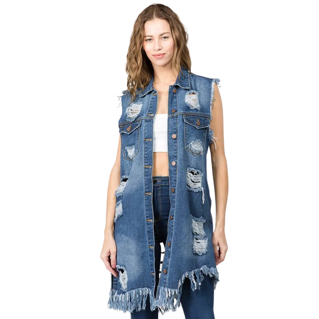 Distressed Denim Long Length Vest