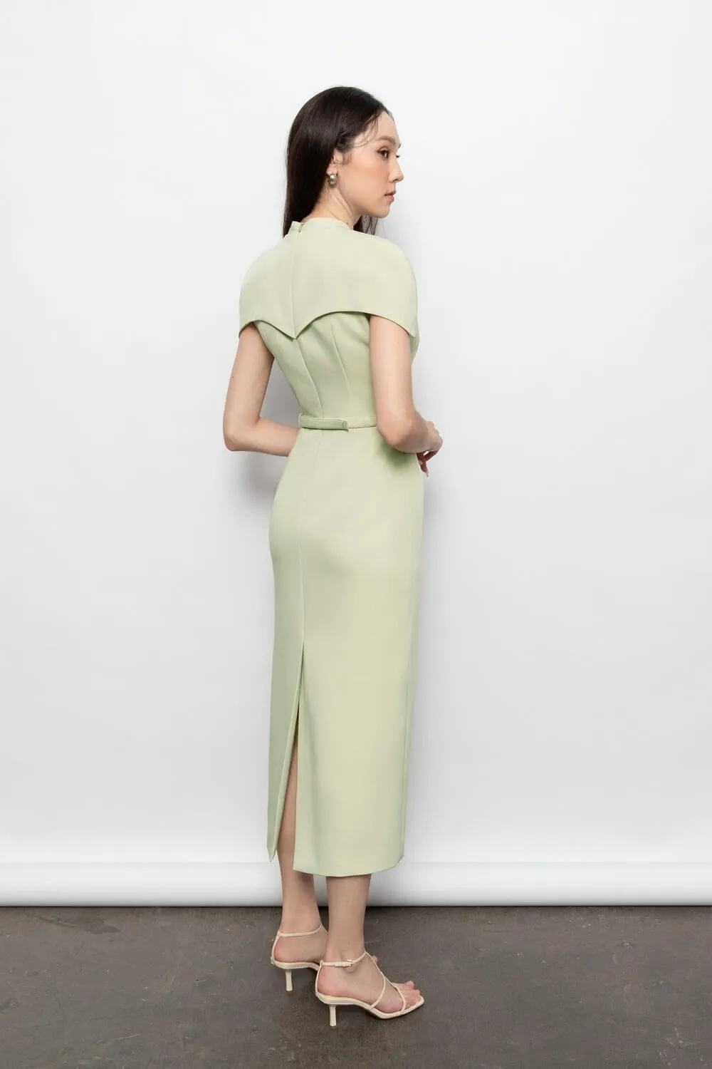 Evelyn Sheath Cape Sleeved Polyester Midi Dress