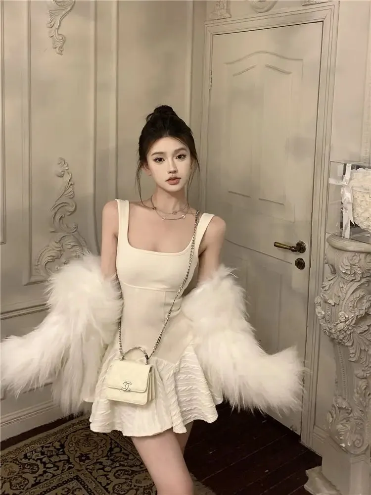 Fairycore Korean Style Mini White Dress Women Cute Sweet Ruched Tunic Princess Dresses Y2k Aesthetic Birthday Vestidos