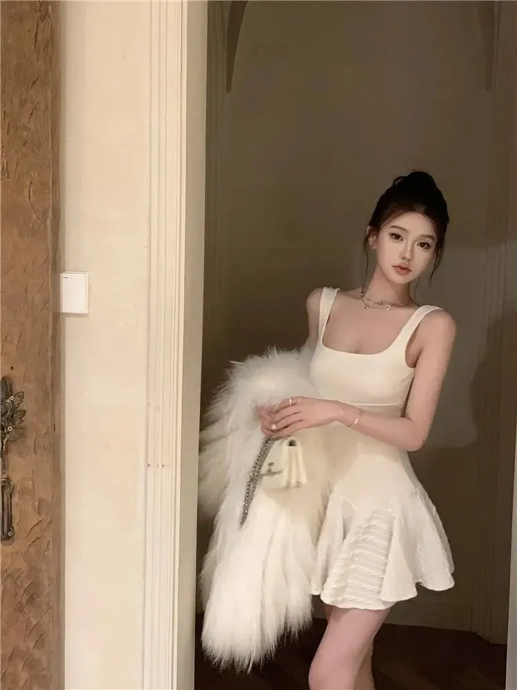 Fairycore Korean Style Mini White Dress Women Cute Sweet Ruched Tunic Princess Dresses Y2k Aesthetic Birthday Vestidos