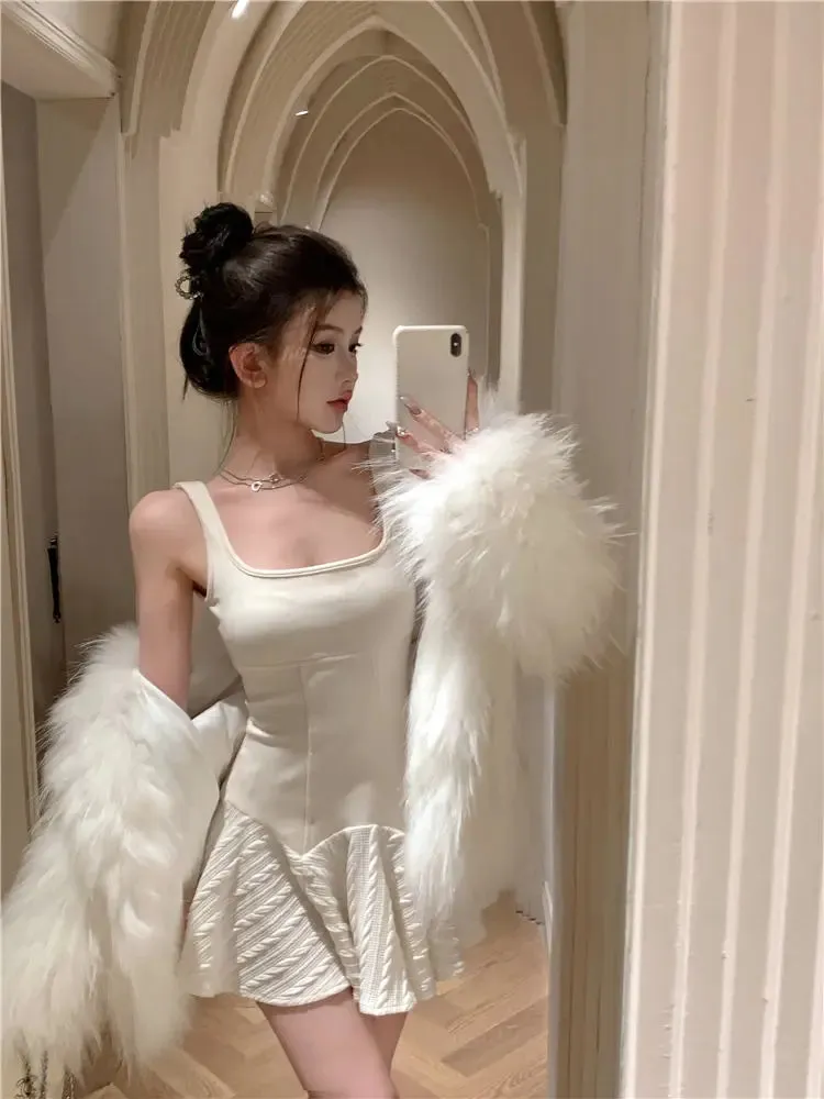 Fairycore Korean Style Mini White Dress Women Cute Sweet Ruched Tunic Princess Dresses Y2k Aesthetic Birthday Vestidos