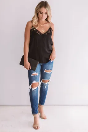 Flirting With Fate Satin Tank In Black