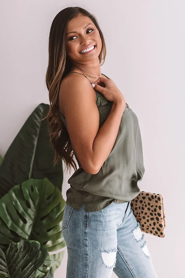 Flirting With Fate Satin Tank In Olive