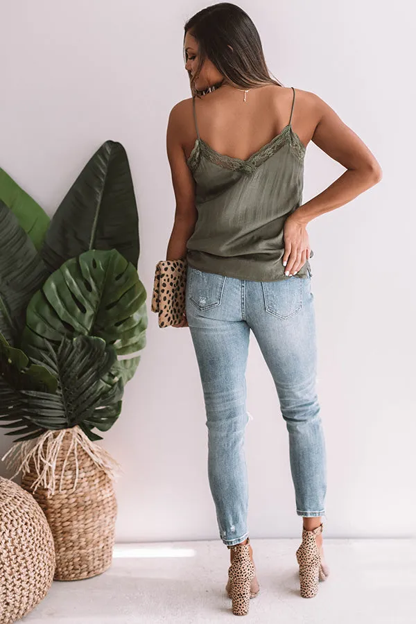 Flirting With Fate Satin Tank In Olive