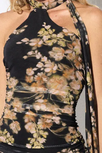 FLORAL MESH ONE SHOULDER SCARF DRAPED MIDI DRESS