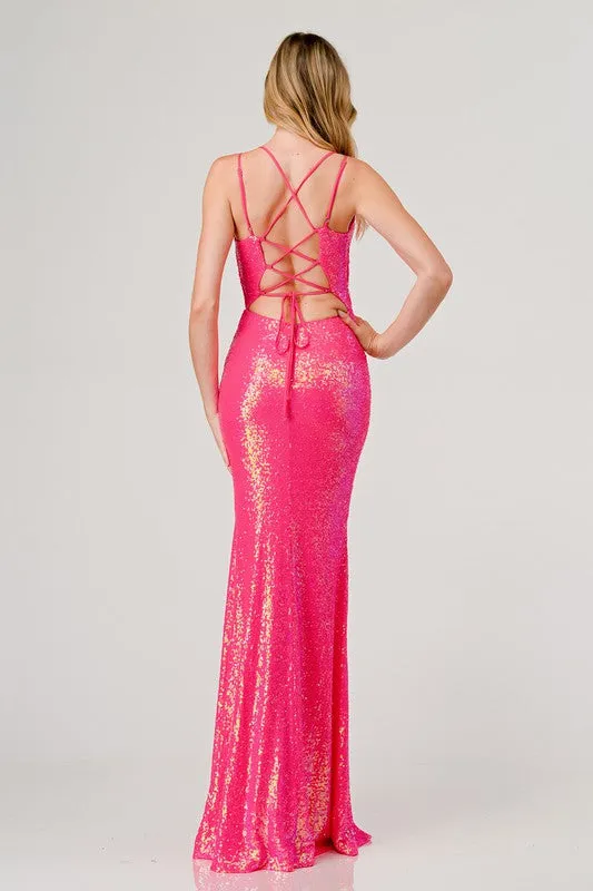 Fuchsia Sequin V-Neck Crossed Back Mermaid Maxi Dress