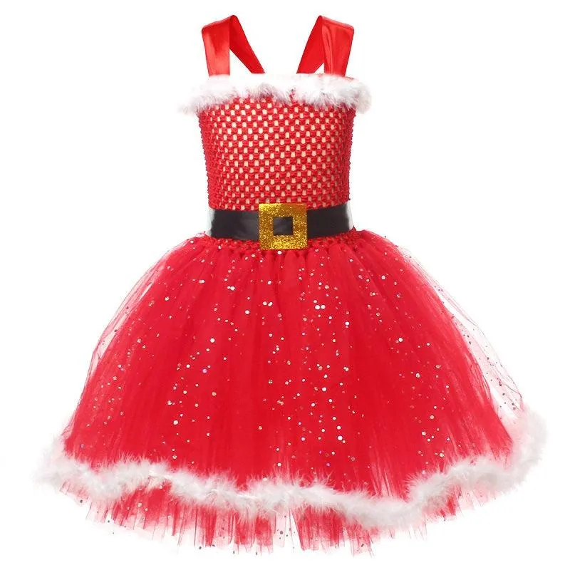 Girls' Christmas Dress 2024 new sequined feather camisole skirt Carnival Birthday Banquet Christmas Performance Dress