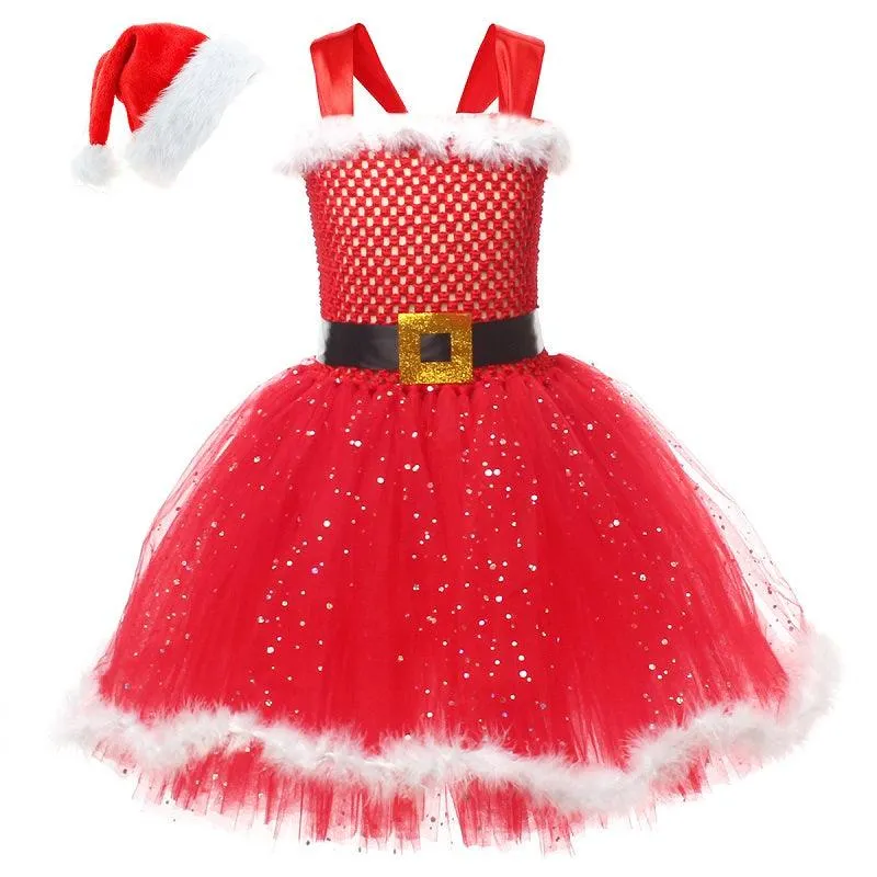 Girls' Christmas Dress 2024 new sequined feather camisole skirt Carnival Birthday Banquet Christmas Performance Dress