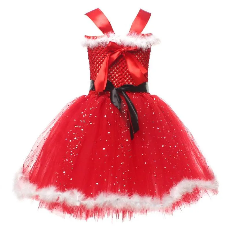 Girls' Christmas Dress 2024 new sequined feather camisole skirt Carnival Birthday Banquet Christmas Performance Dress