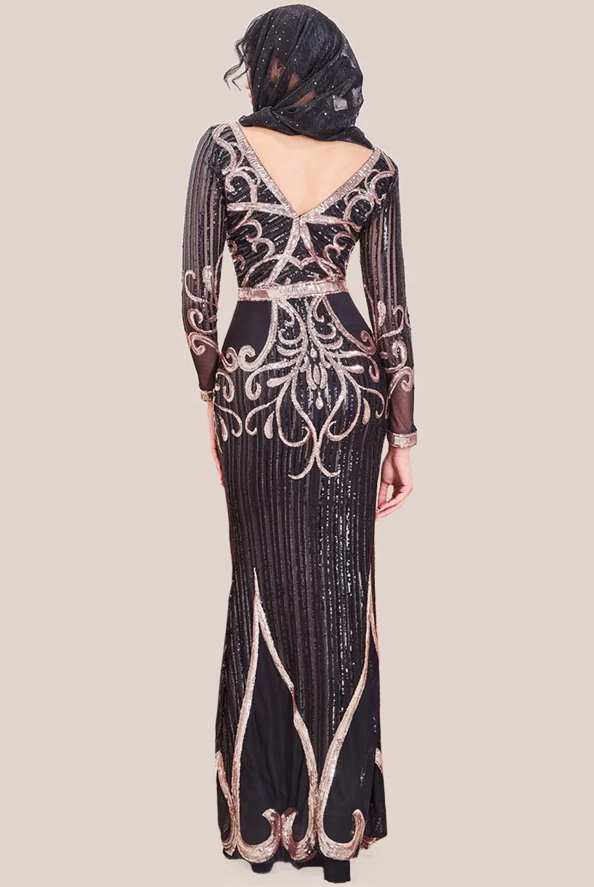 Goddiva Modesty Sequin & Mesh Maxi Dress - Black