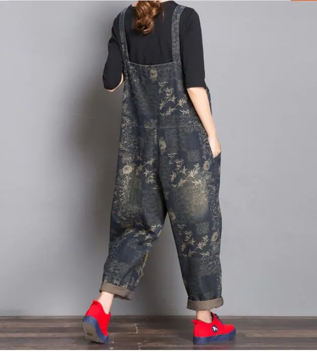 Gray Floral Loose Handmade Denim Casual Spring Denim Overall Women Jumpsuits