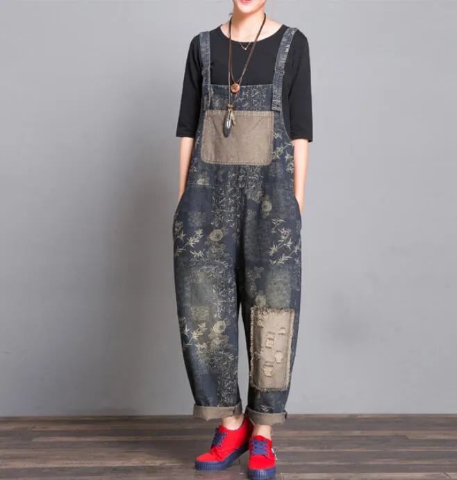 Gray Floral Loose Handmade Denim Casual Spring Denim Overall Women Jumpsuits