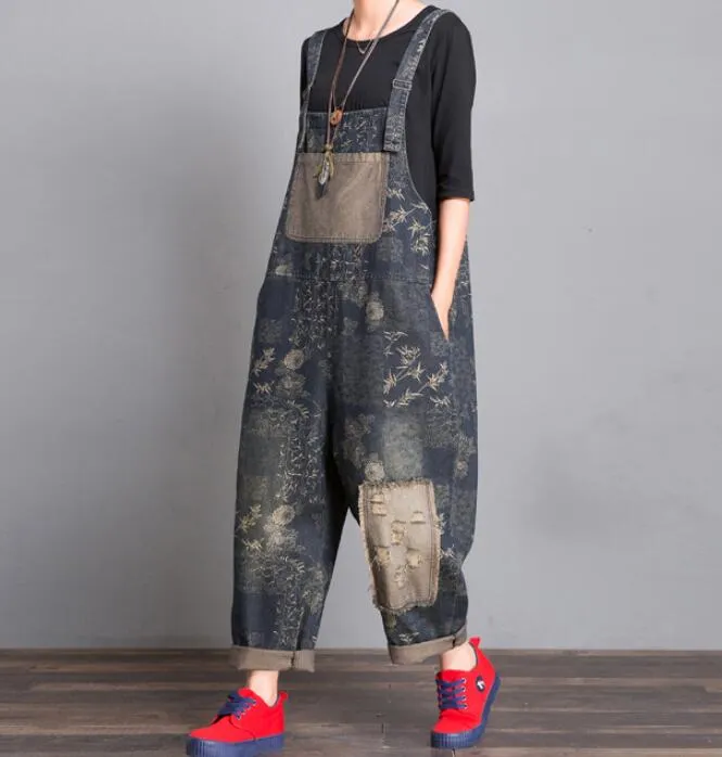 Gray Floral Loose Handmade Denim Casual Spring Denim Overall Women Jumpsuits