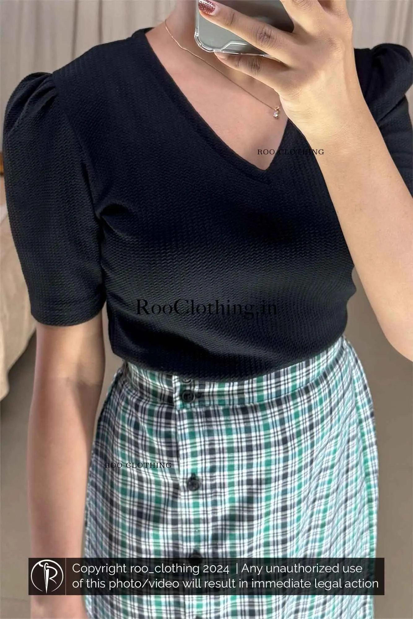 Green Tartan Checked A-Line Cotton Skirt with Layered Frill Hem (Skirt Only)