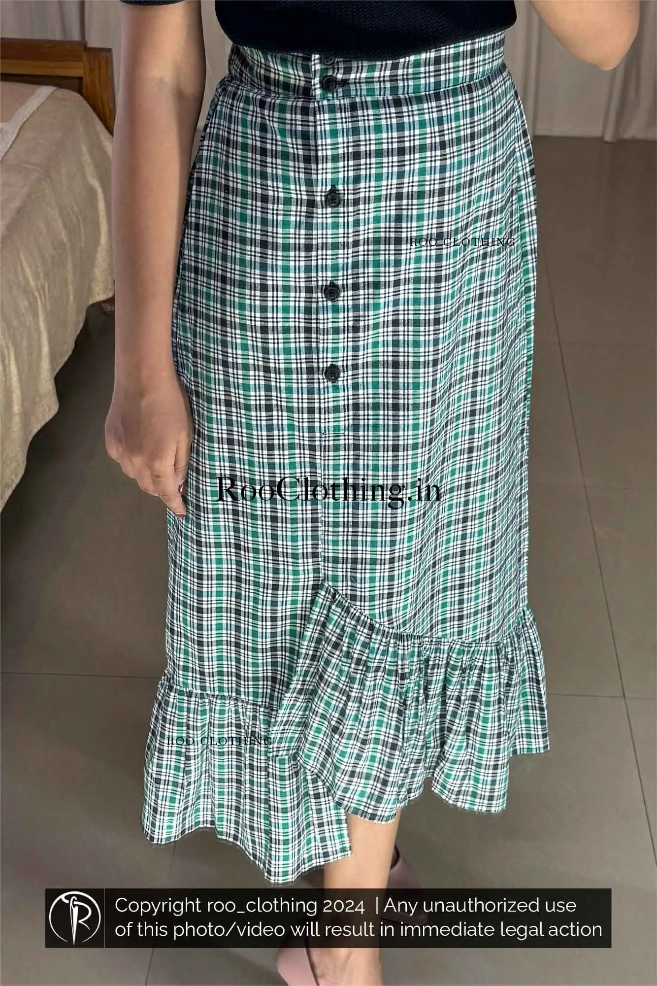 Green Tartan Checked A-Line Cotton Skirt with Layered Frill Hem (Skirt Only)