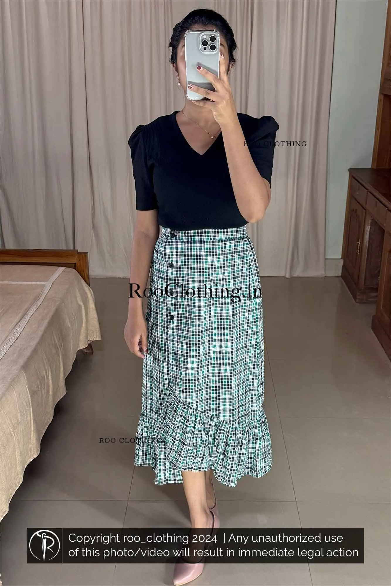 Green Tartan Checked A-Line Cotton Skirt with Layered Frill Hem (Skirt Only)
