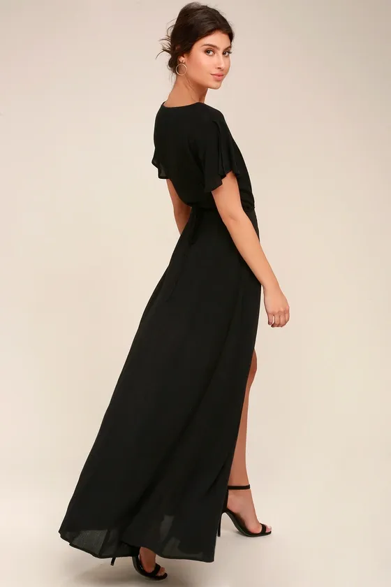 Heart of Marigold Black Wrap Maxi Dress