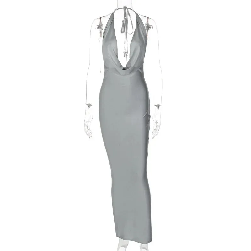 Hnzxzm Satin Deep V Neck Sleeveless Long Dress For Women Robe Winter New Sleeveless Backless Halter Bodycon Maxi Dress