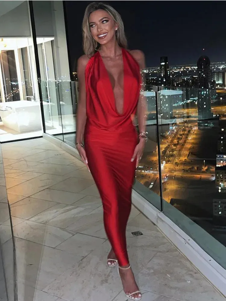 Hnzxzm Satin Deep V Neck Sleeveless Long Dress For Women Robe Winter New Sleeveless Backless Halter Bodycon Maxi Dress